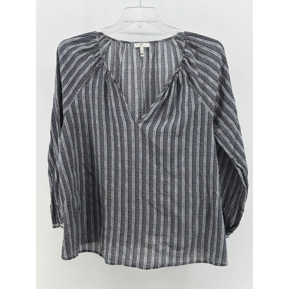 Joie Navy Blue White Chevron Stripe Cotton Split Neck Blouse Top Large - Picture 2 of 8